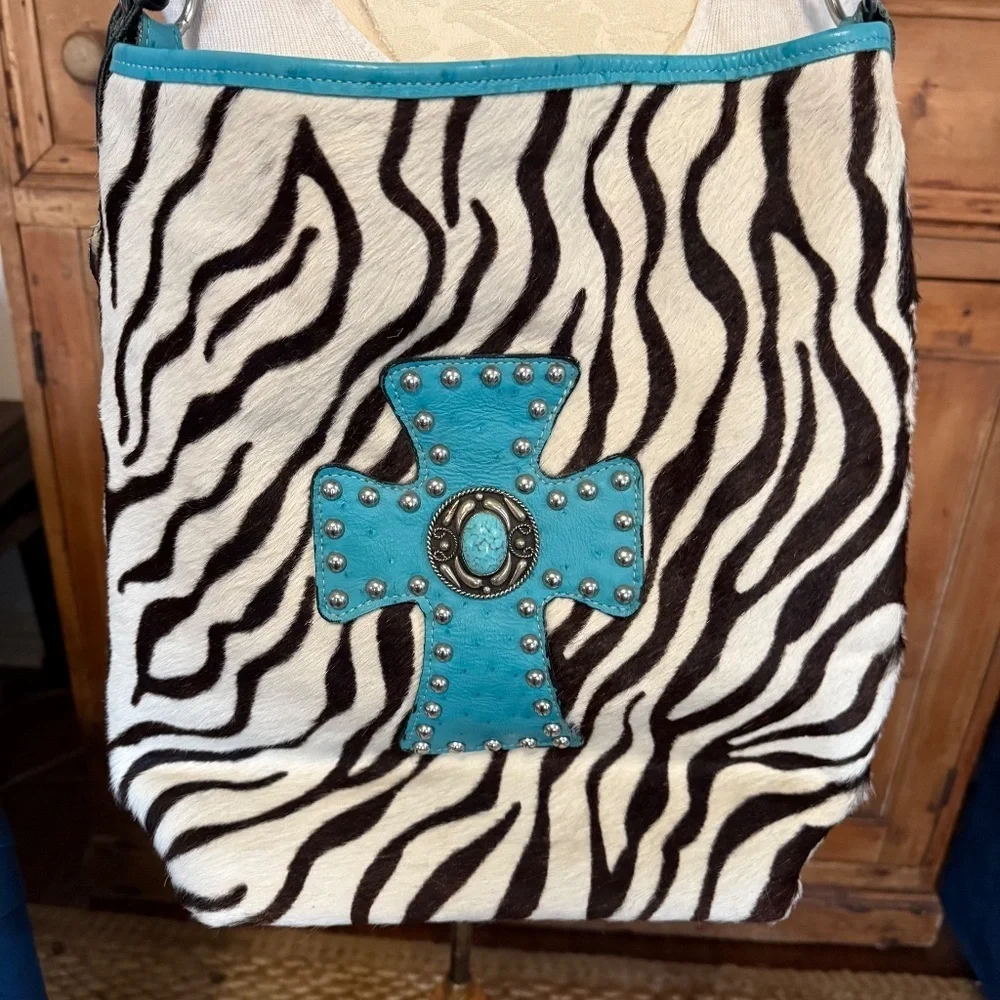 Double J Saddlery Genuine Ostrich Bucket Purse Calf Hair Zebra